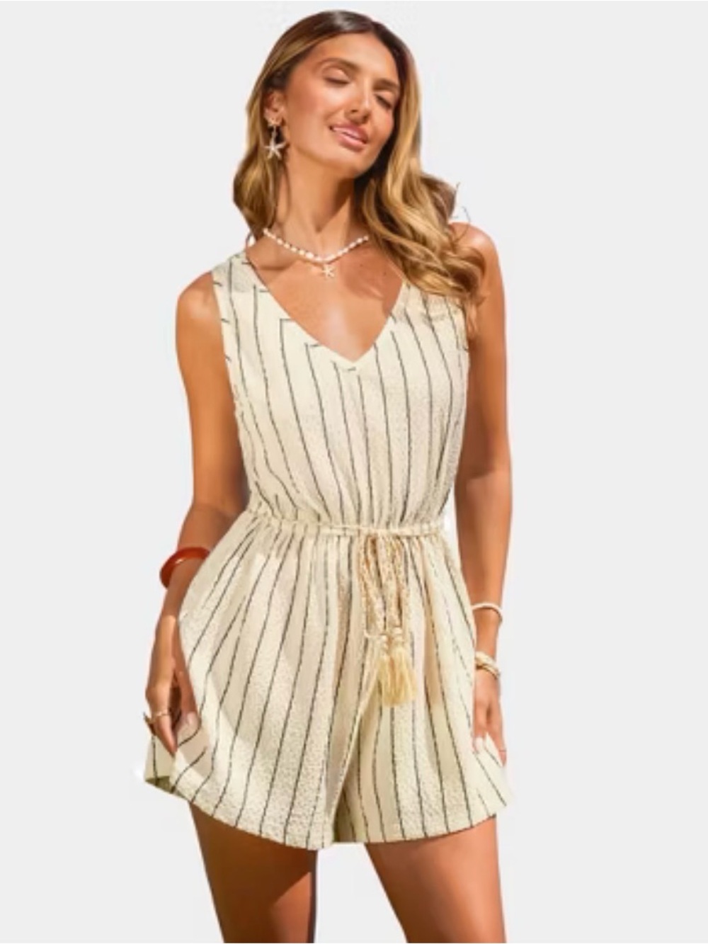 NWT - Cupshe - Sleeveless V-Neck Striped Romper in Cream - Size XL